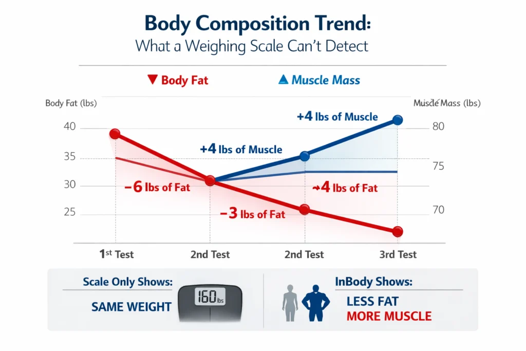 Body composition trend chart showing difference between BMI and actual body composition analysis