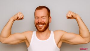 Smiling man in white tank top flexing arms, showing visible muscle imbalance.