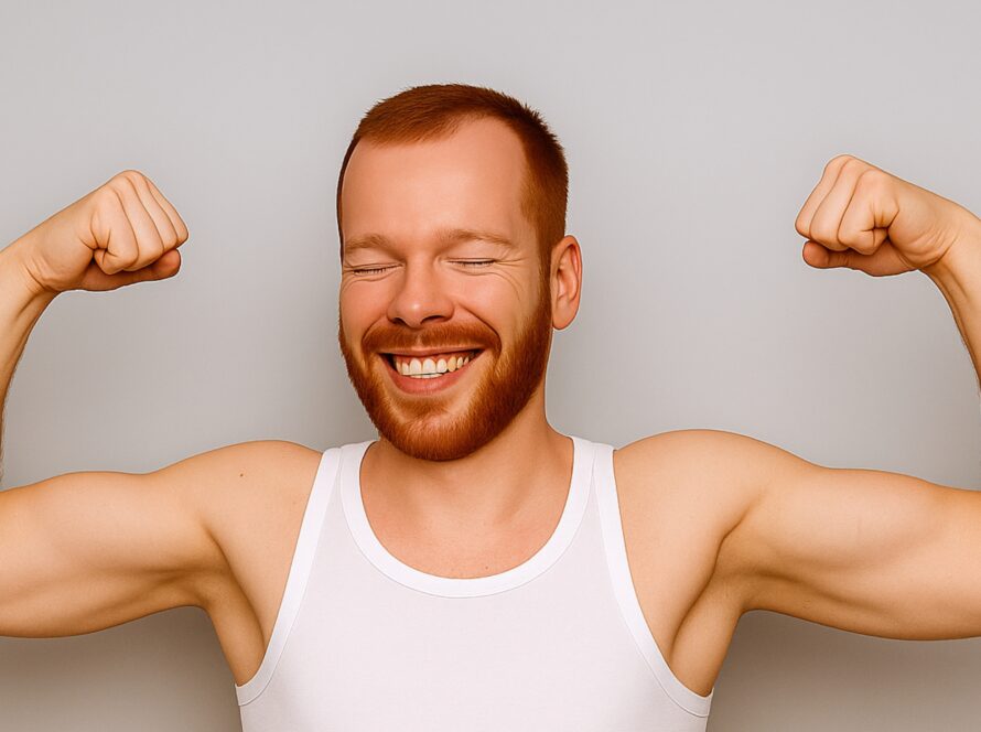 Smiling man in white tank top flexing arms, showing visible muscle imbalance.