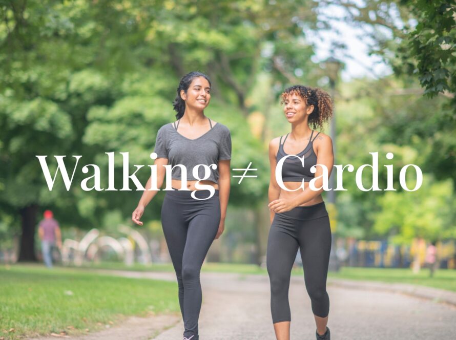 Two women walking with bold text saying 'Walking ≠ Cardio' by InBody