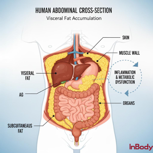 Abdominal cross-section illustrating visceral fat around organs and subcutaneous fat under the skin, linking visceral fat to inflammation.