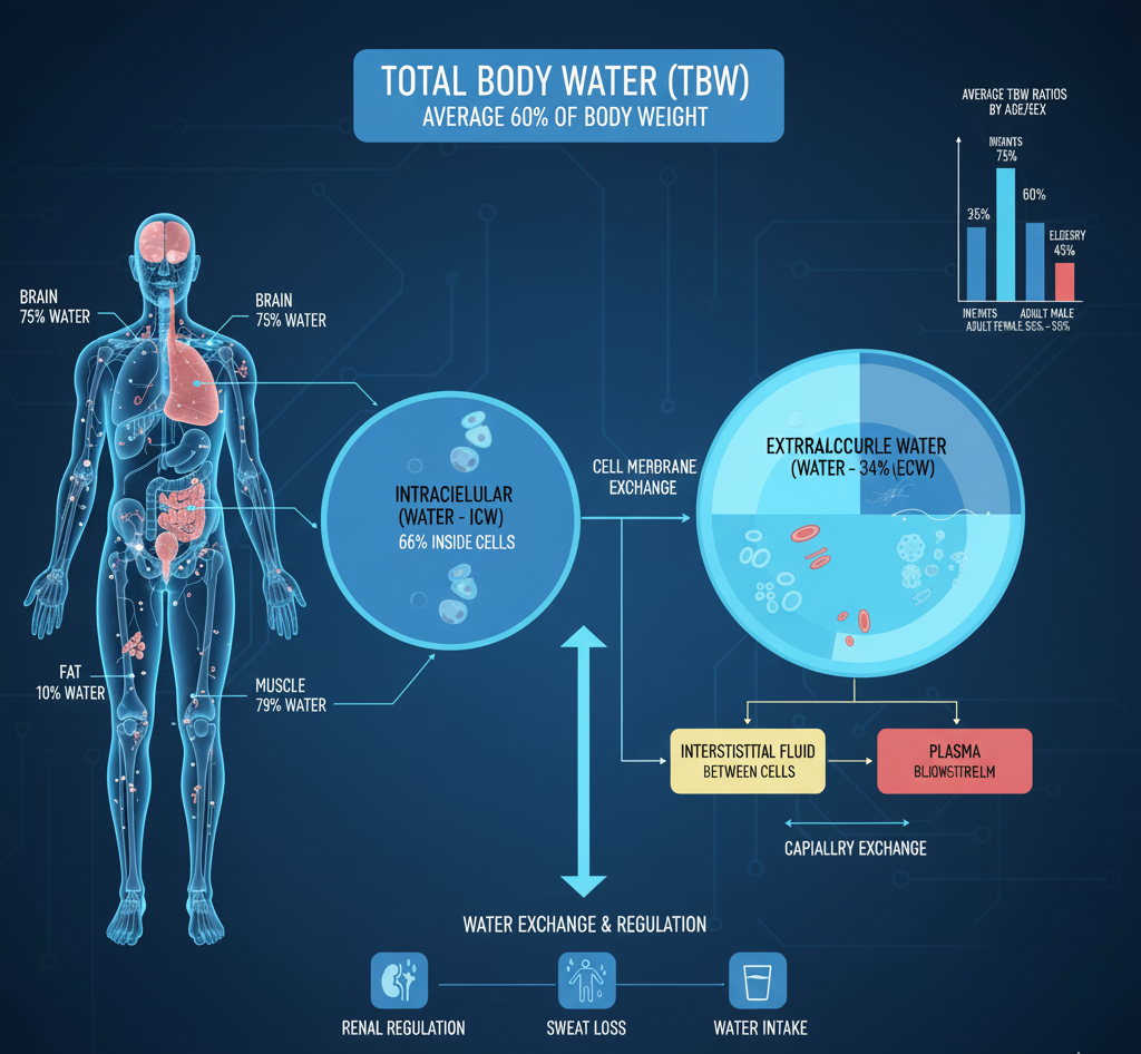 Infographic showing total body water distribution in the human body, including intracellular water, extracellular water, and their roles in hydration balance.