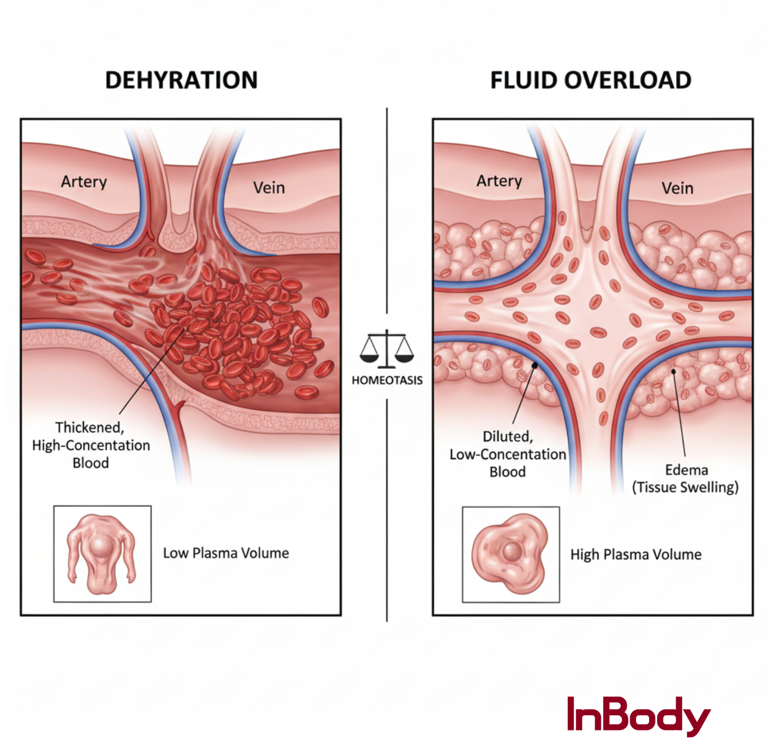 Comparison of dehydration and fluid overload showing changes in blood concentration, plasma volume, and tissue swelling.