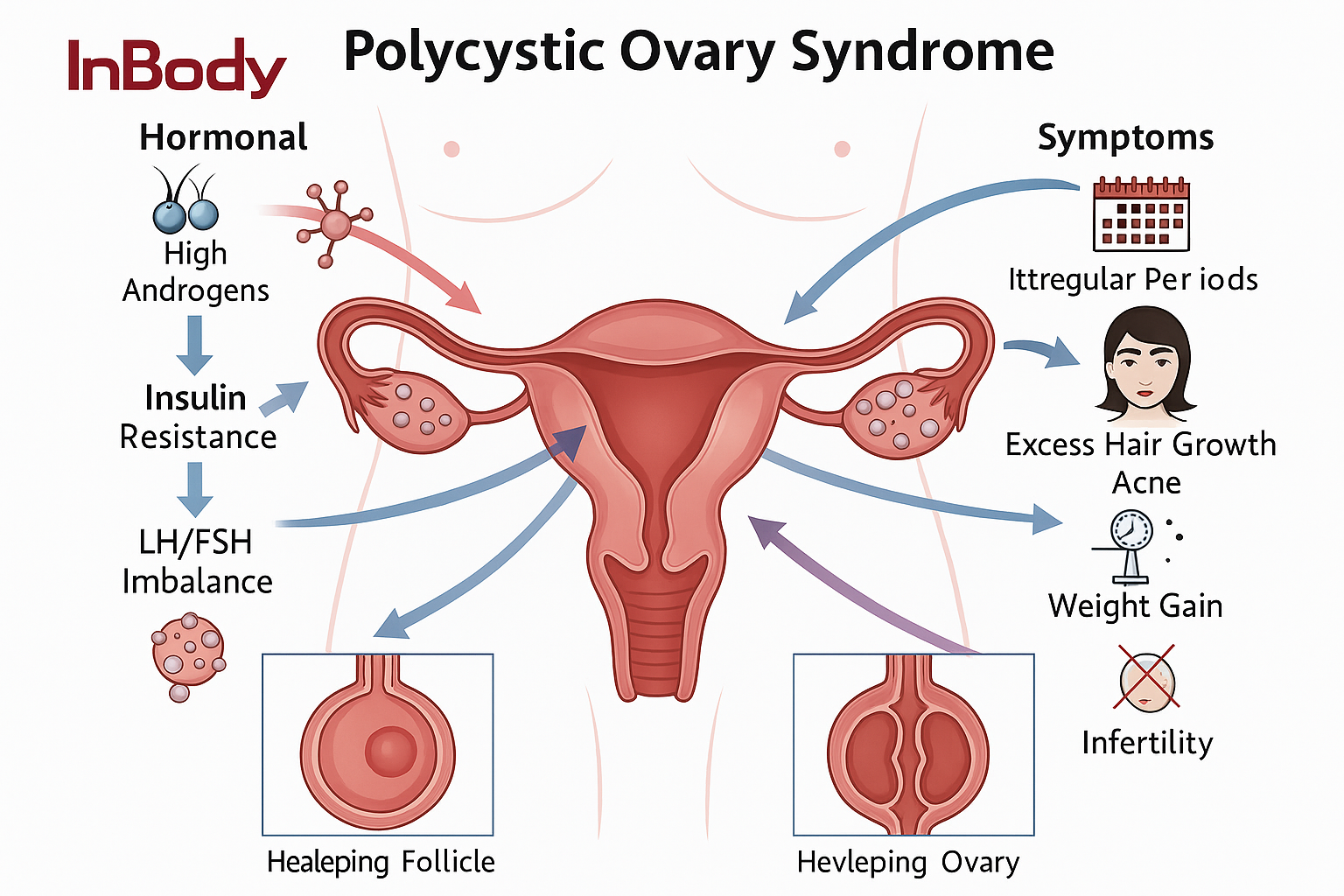 Diagram showing Polycystic Ovary Syndrome (PCOS) and hormonal imbalance in women