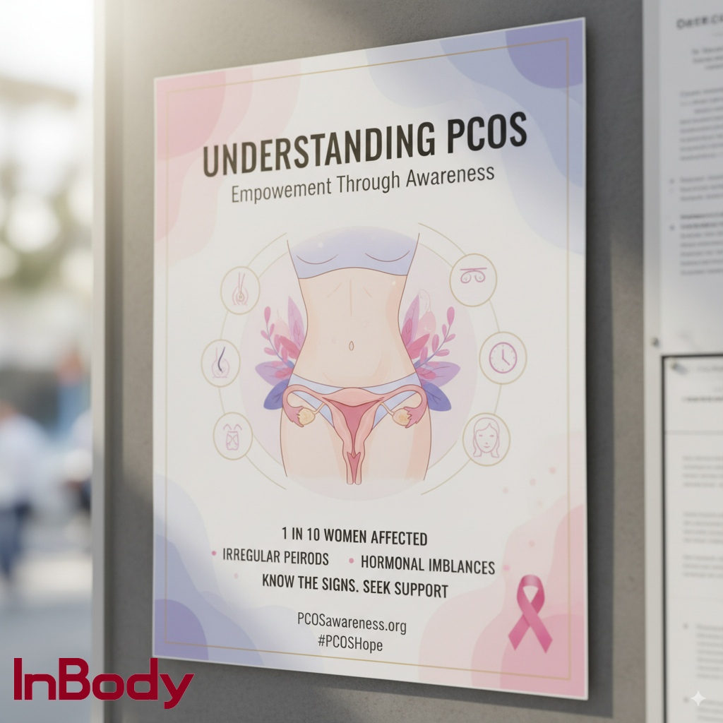 PCOS awareness poster showing symptoms such as irregular periods, hormonal imbalance, and the importance of seeking support