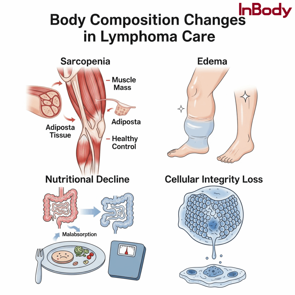 Illustration of body composition changes in lymphoma care, showing sarcopenia (muscle loss), edema (swelling), nutritional decline (malabsorption and weight loss), and cellular integrity loss.
