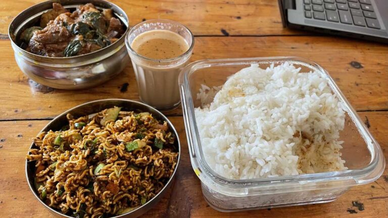 A rice-based meal, comparing South and North Indian dietary patterns