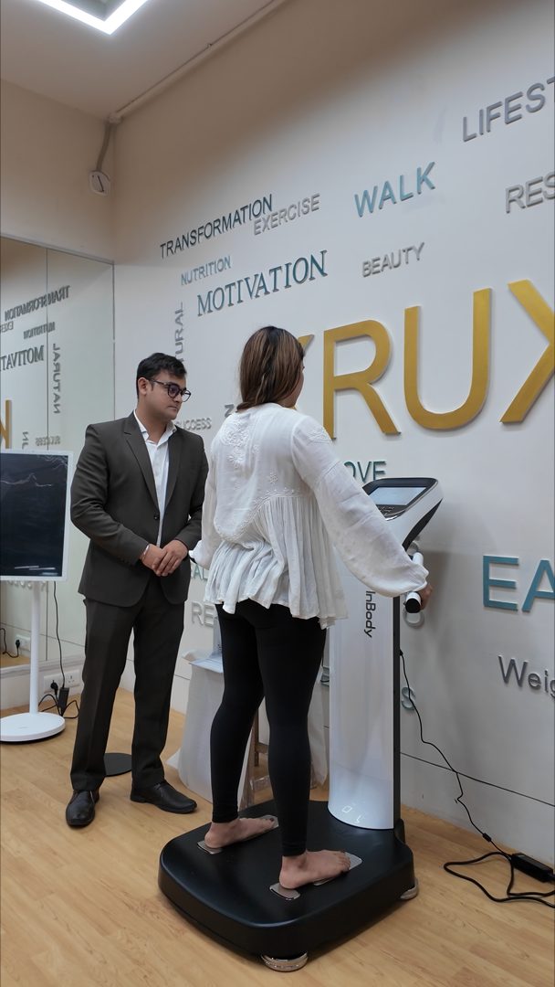A member being tested on the InBody body composition analyzer at Krux Get Fit in Kalina, Mumbai